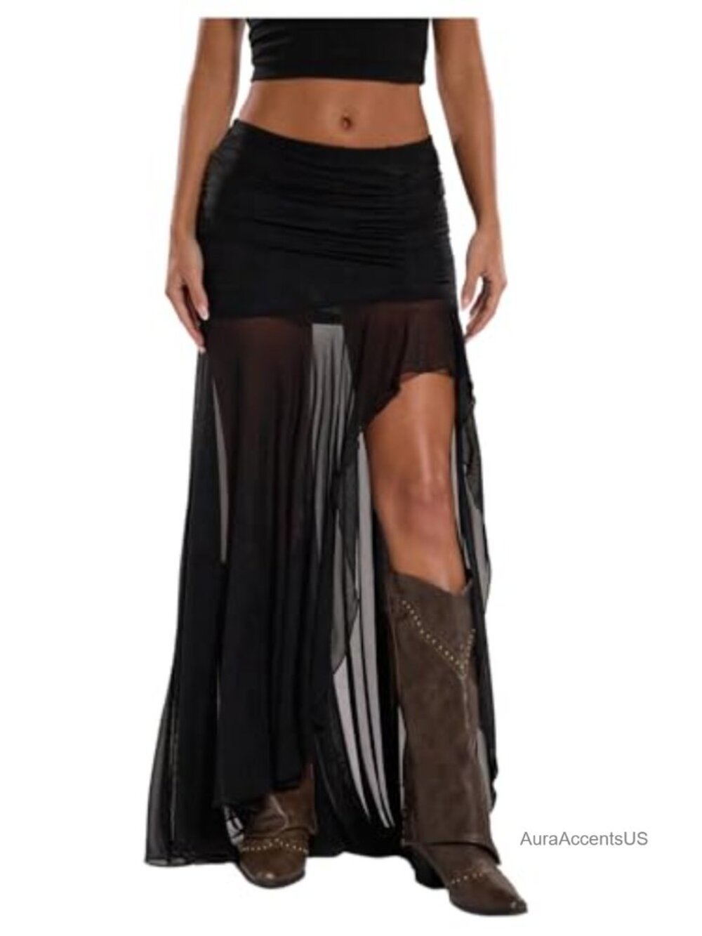 Sheer Mesh Pleated Maxi Skirt High Slit Asymmetrical Bodycon Night Out